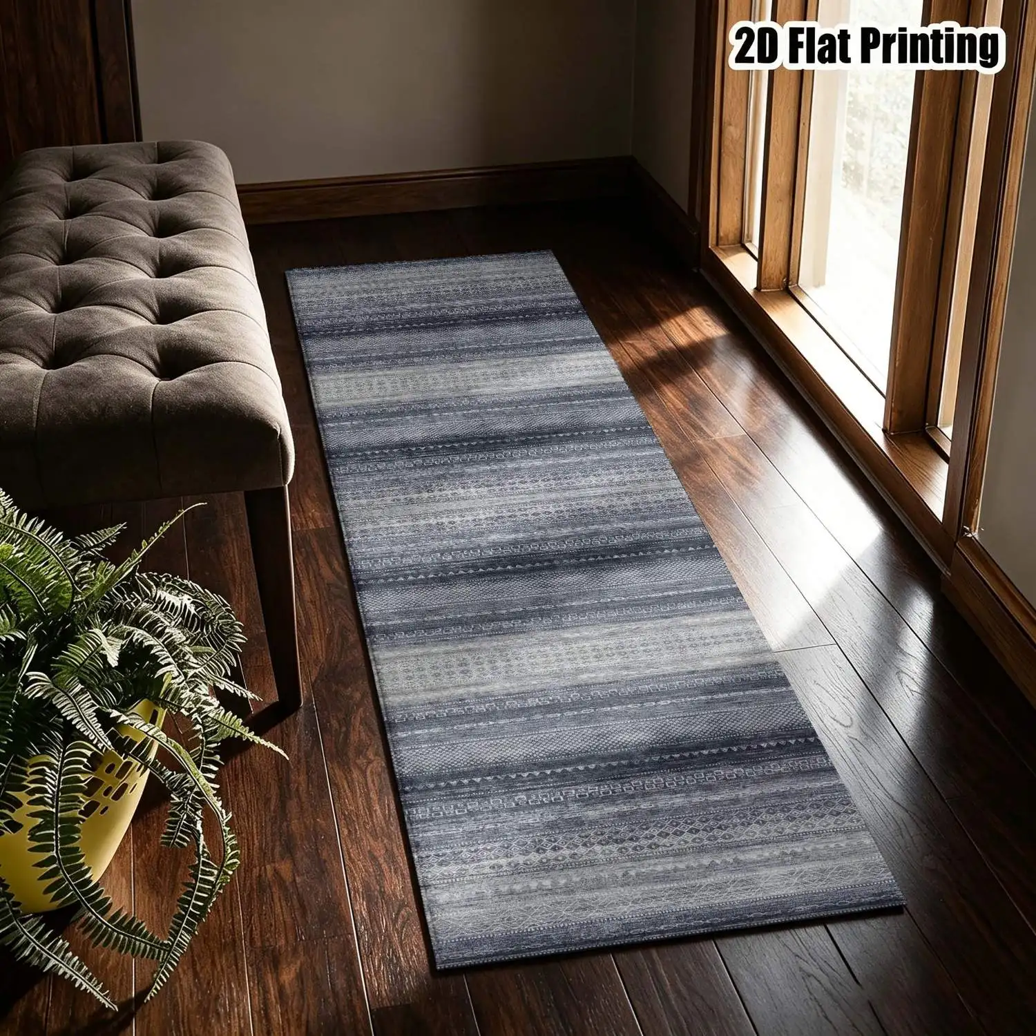 1Pc 2D Printed Blue-Grey Geometric Stripe Long Strip Runner Carpet Nordic, Modern Minimalist & European Style, Machine Washable, Multi-Size, Suitable for Entrance, Living Room, Bedroom, Kitchen Home Decor.