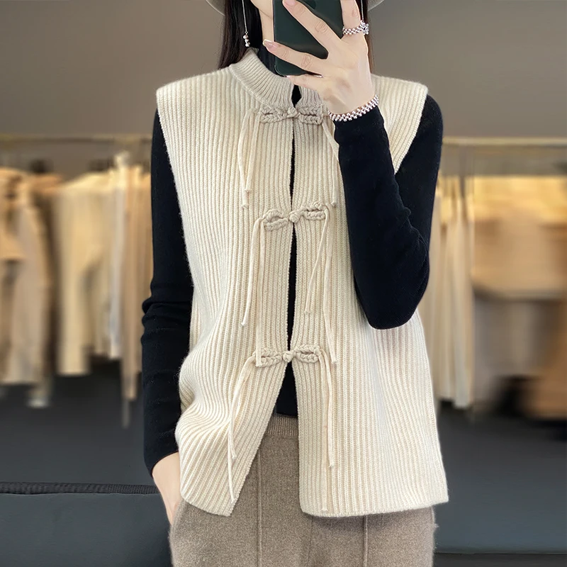 Women's Monochromatic Round Neck Cashmere Sweater, Sleeveless Vest, Wool Knitted Coat, Chinese Buckle, New, Autumn and Winter