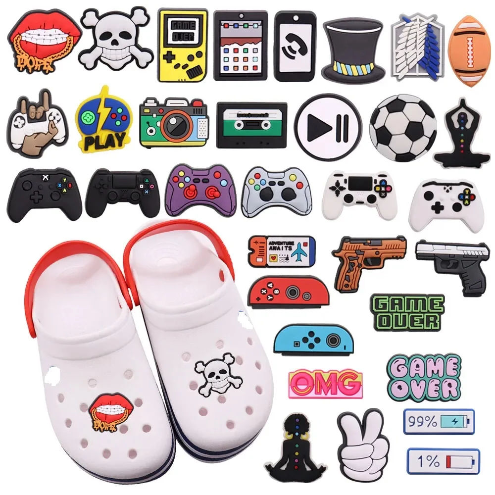 1pcs PVC Shoe Charms Wristbands Adventure Japan Anime Game Controller Gun Camera Tape Hole Slipper Decoration Shoe Accessories