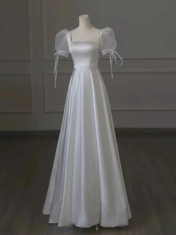 French evening dress 2024 new temperament banquet high-end white satin light wedding dress high-end engagement dress