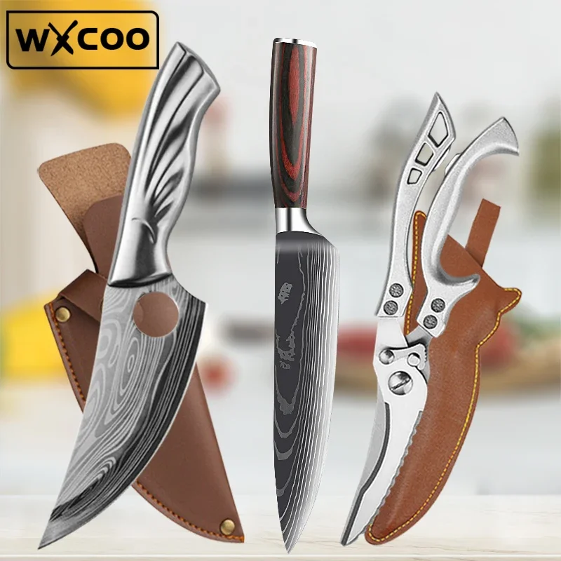 WXCOO Kitchen Scissors Japanese Chef Knives Stainless Steel Meat Boning Knife Professional Butcher Cleaver Fish Knife with Cover