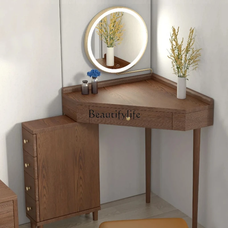 

Multifunctional walnut bedroom corner small apartment dresser triangular makeup table with light