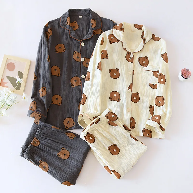 

Wholesale & Retail Korean Couple Crinkle Cotton Pajama Set | Bear Print Sleepwear Pyjama Femmes Relaxed Fit Home Clothes