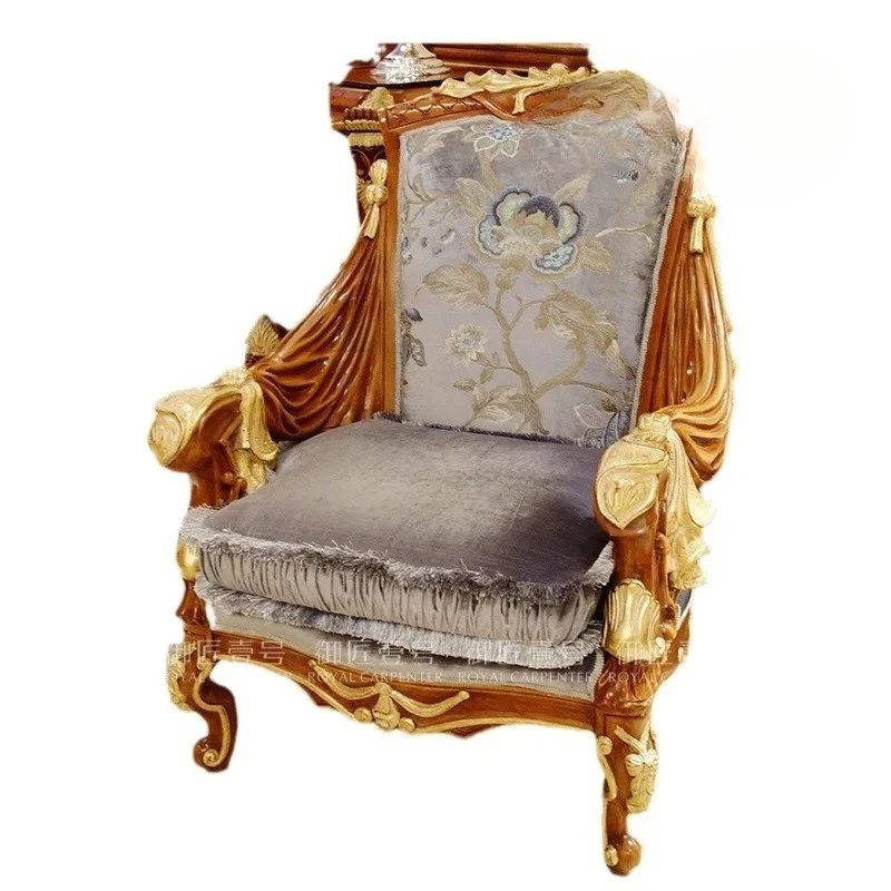 

Luxury European leisure chair Solid wood flannel fabric study chair Living room balcony leisure sofa chair