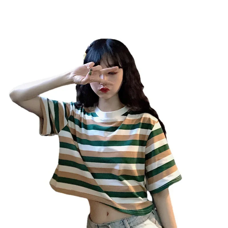 Camiseta holgada de manga corta a rayas de arcoíris para mujer, Top corto estilo Hyunya Ins, verano