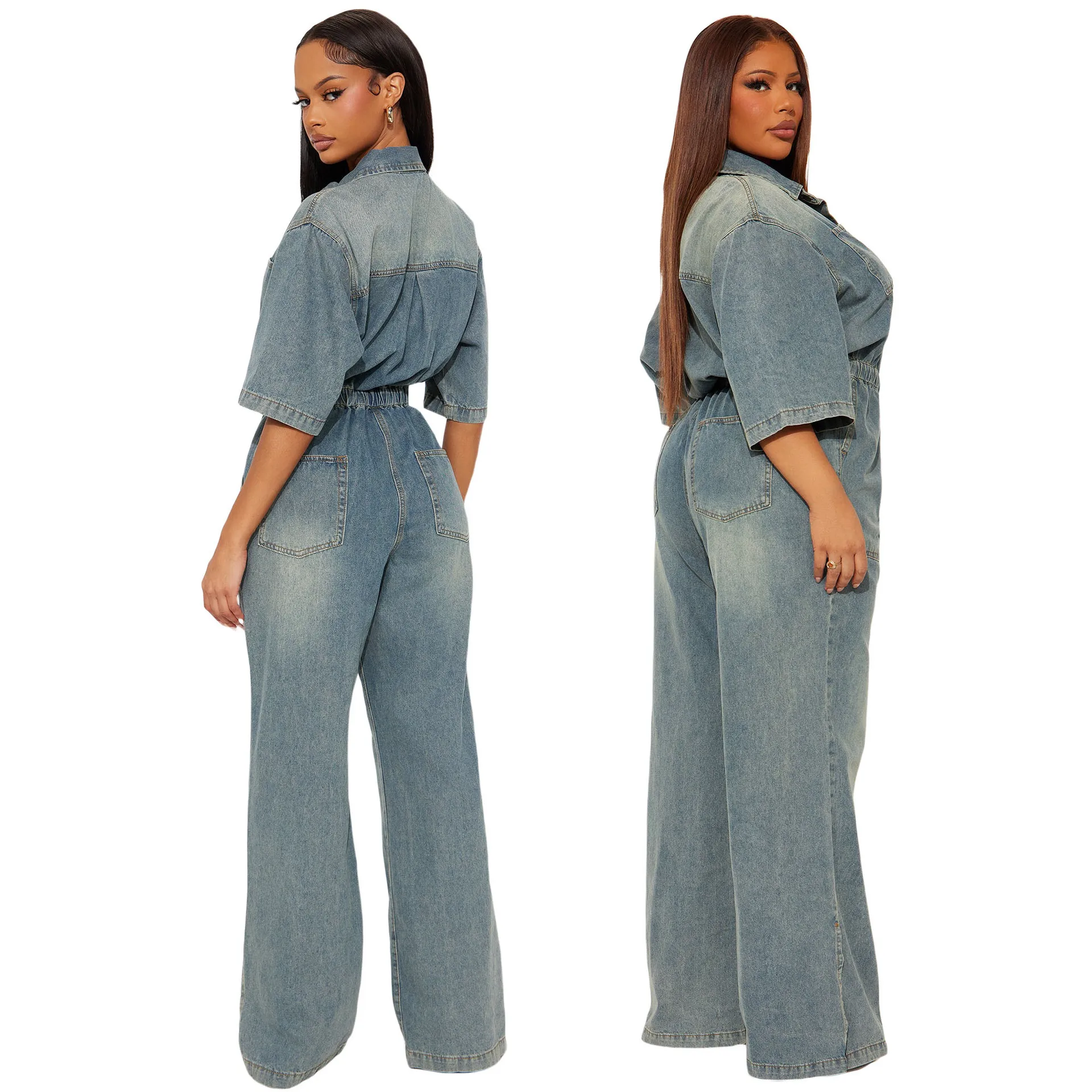 8606 Elastic Waist Smart Fit Stretch Washing Denim Jumpsuit With Fatigue Flared Pants. Women's Casual Dresses Y2k、 Maxi Clothes