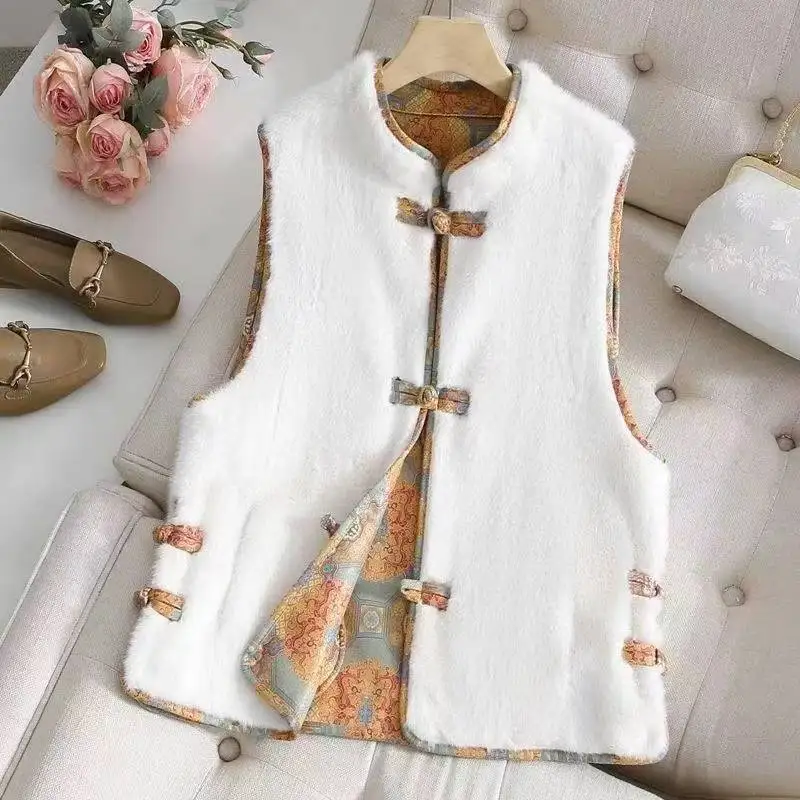

Короткая цельная куртка из искусственного меха норки, женская новинка в китайском стиле с пряжками, двусторонний двуношенный меховой жилет, темперамент