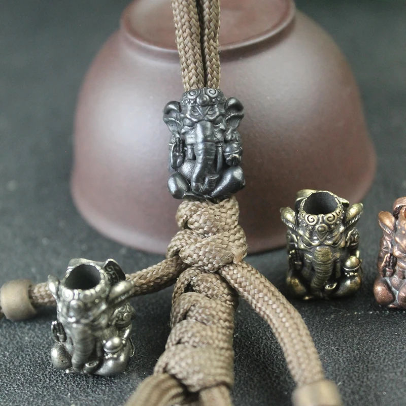 Thailand Sitting Elephant God of Wealth Brass Knife Bead EDC Outdoor DIY Woven Paracord Lanyard Charms Pendant Accessories Retro