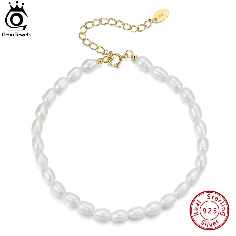 

ORSA JEWELS 925 Sterling Silver Freashwater Pearls Bracelet Beads 14K Gold Plated Charm Baroque Pearls Chain Hand Women Gift