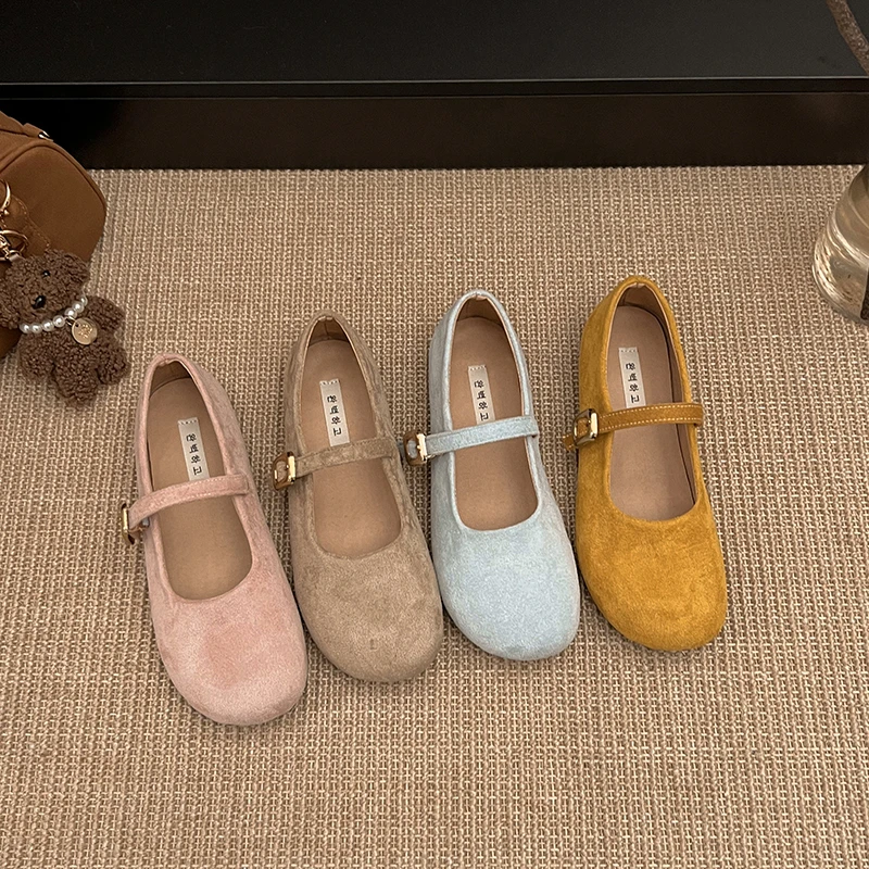 Zapatos planos de moda para mujer, mocasines suaves de bailarina con punta redonda de cuero poco profundo, zapatos Mary Jane informales con punta redonda para mujer