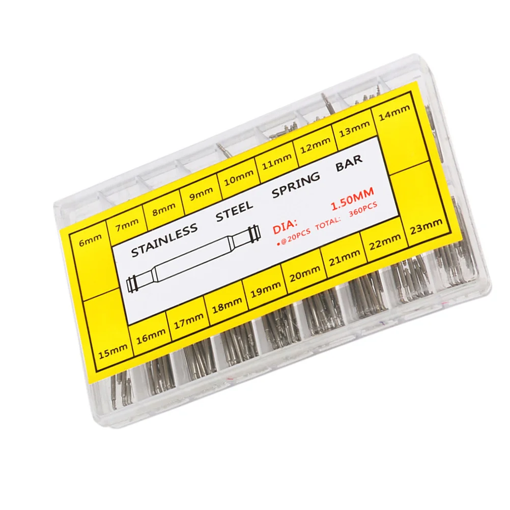 360 قطعة حزام (استيك) ساعة الربيع القضبان الفولاذ المقاوم للصدأ 18 أحجام 6-23 مللي متر مزدوجة شفة ربط دبوس أداة إصلاح للرجال والنساء #2