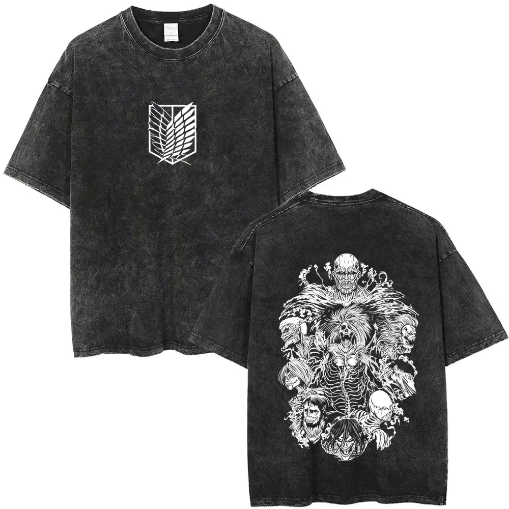 

Washed Vintage Anime Attack on Titan Eren Jaeger Graphic T-shirt Skeleton Print T Shirts Men Women Cartoon Manga Merch T-shirts