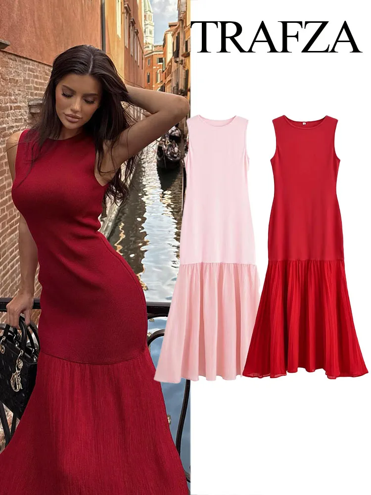 

TRAFZA Woman's Summer New Fashion Solid Crew Neck Slim Splicing Long Dress Female Temperament Knitted 2-Color Sleeveless Dress