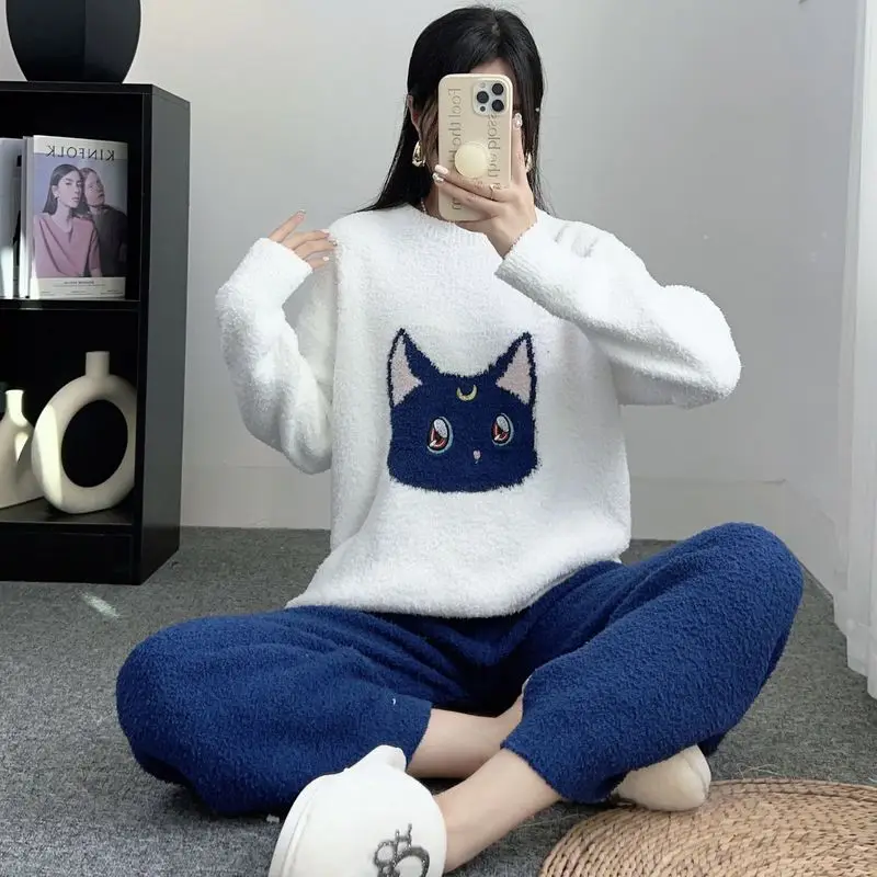 

Anime Pretty Guardian Sailor Moon Peripheral Luna Cat Soft Sleepwear Women'S Autumn And Winter Thick Coral Fleece Set Cute Home
