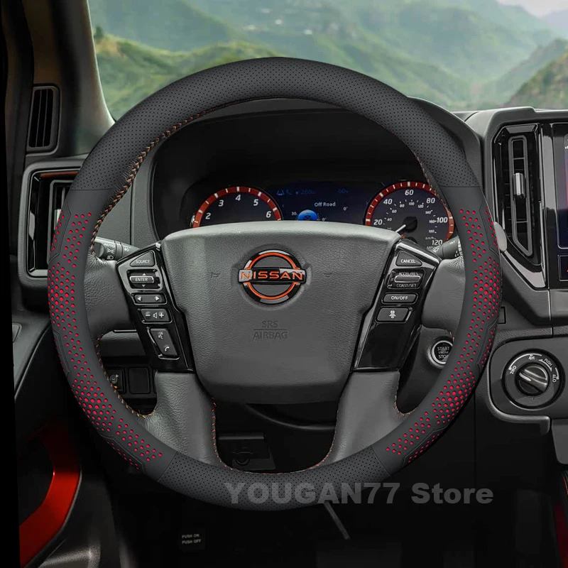 

Leather Car Steering Wheel Cover For Nissan Frontier 2024 2025 Non-slip 39CM Auto Steering Wheel Nissan Frontier Accessories