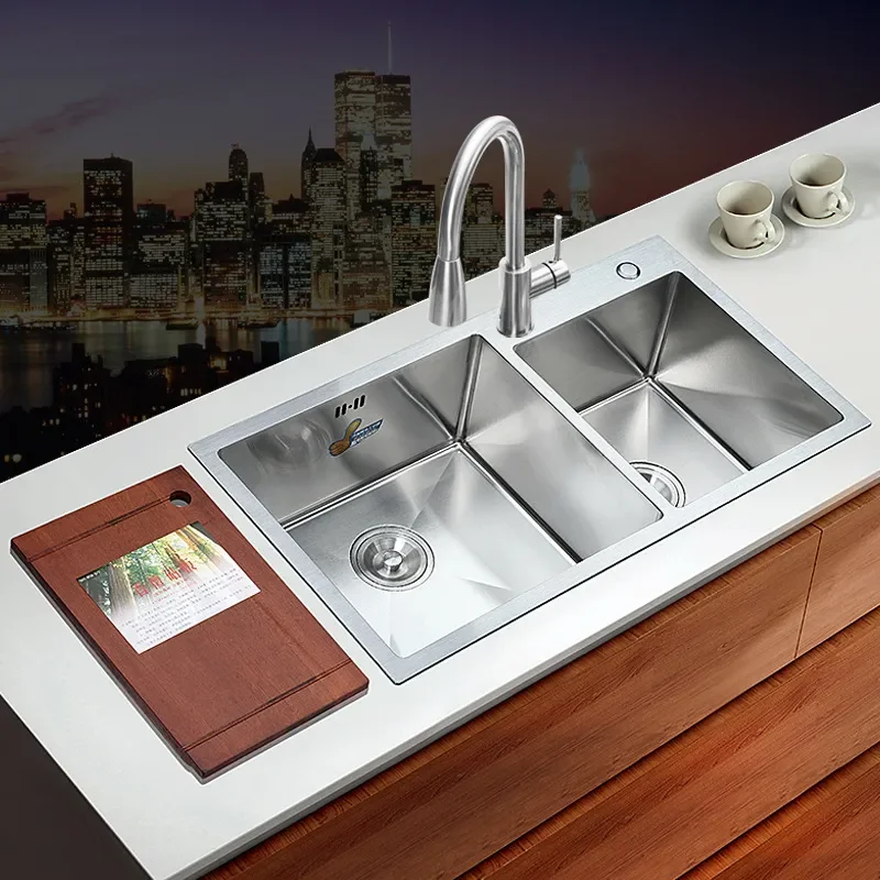 304 Stainless Steel Double Kitchen Sink 3MM Thickened Handmade Basin with Faucet Set Large Vegetable Dish Washing Bowl