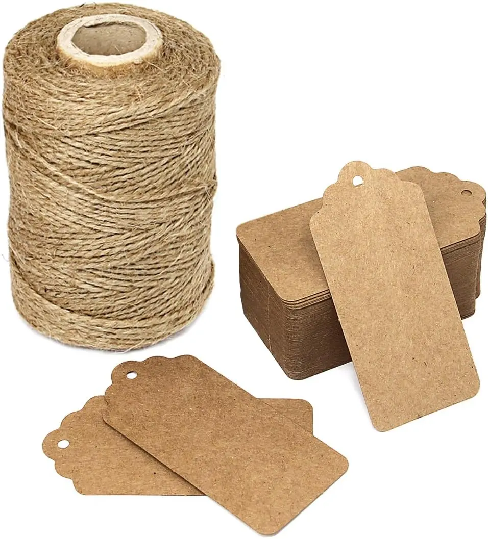 

300ft Natural Jute Twine & 100 Kraft Gift Tags for Crafts, Price Tags, Labels