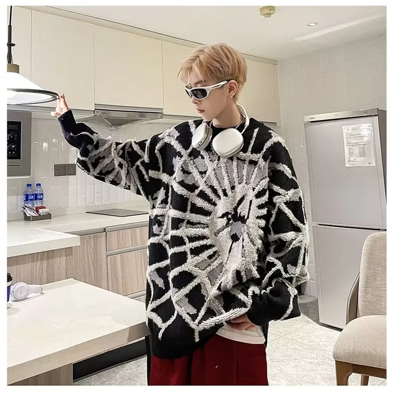 เสื้อสเวตเตอร์ผู้ชายไซส์ใหญ่ 300 ปอนด์ ลายปักแมงมุม สไตล์วินเทจ ดีไซน์สตรีทแฟชั่น ทรงหลวม สไตล์ลำลอง ถักนิตติ้ง