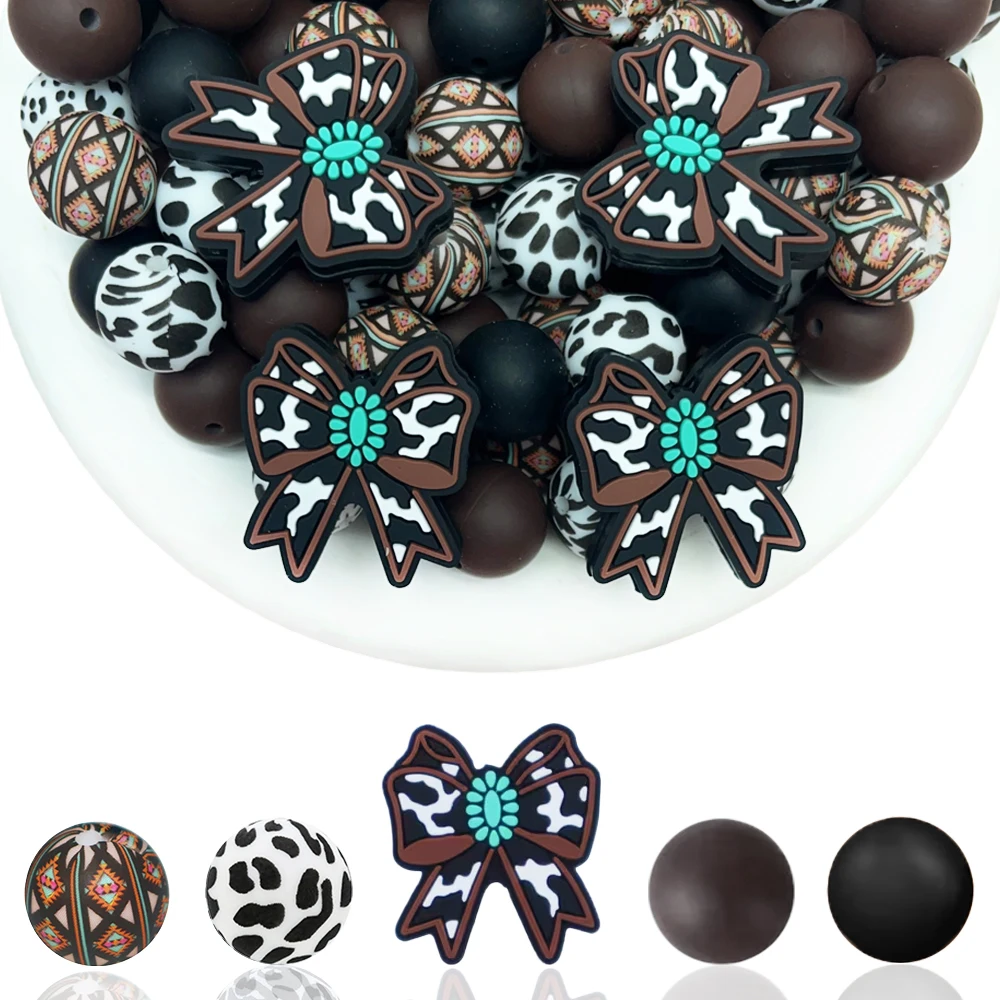 33Pcs Brown Bowknot Silicone Beads Set DIY Beaded Necklace Bracelet Decoration Pen Jewelry Pendant Etc. Holiday Birthday Gift