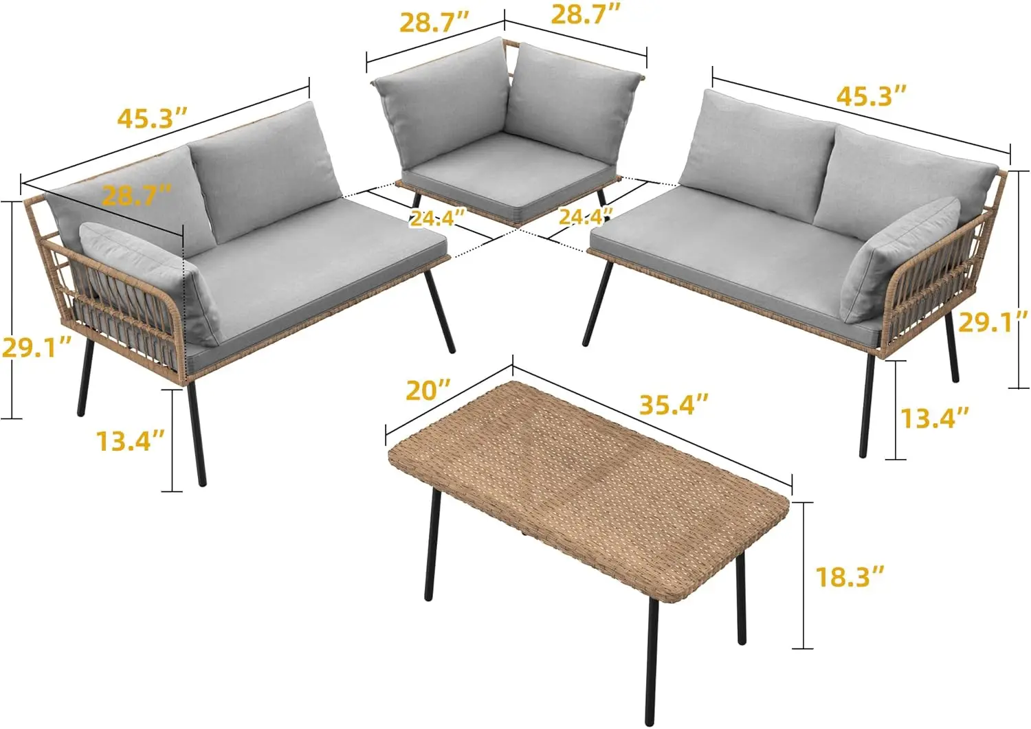 طقم أريكة مقطعية خارجية مكون من 4 قطع، أثاث فناء من الخيزران على شكل حرف L مناسب لجميع الأحوال الجوية مع وسائد قابلة للإزالة وطاولة جانبية #3