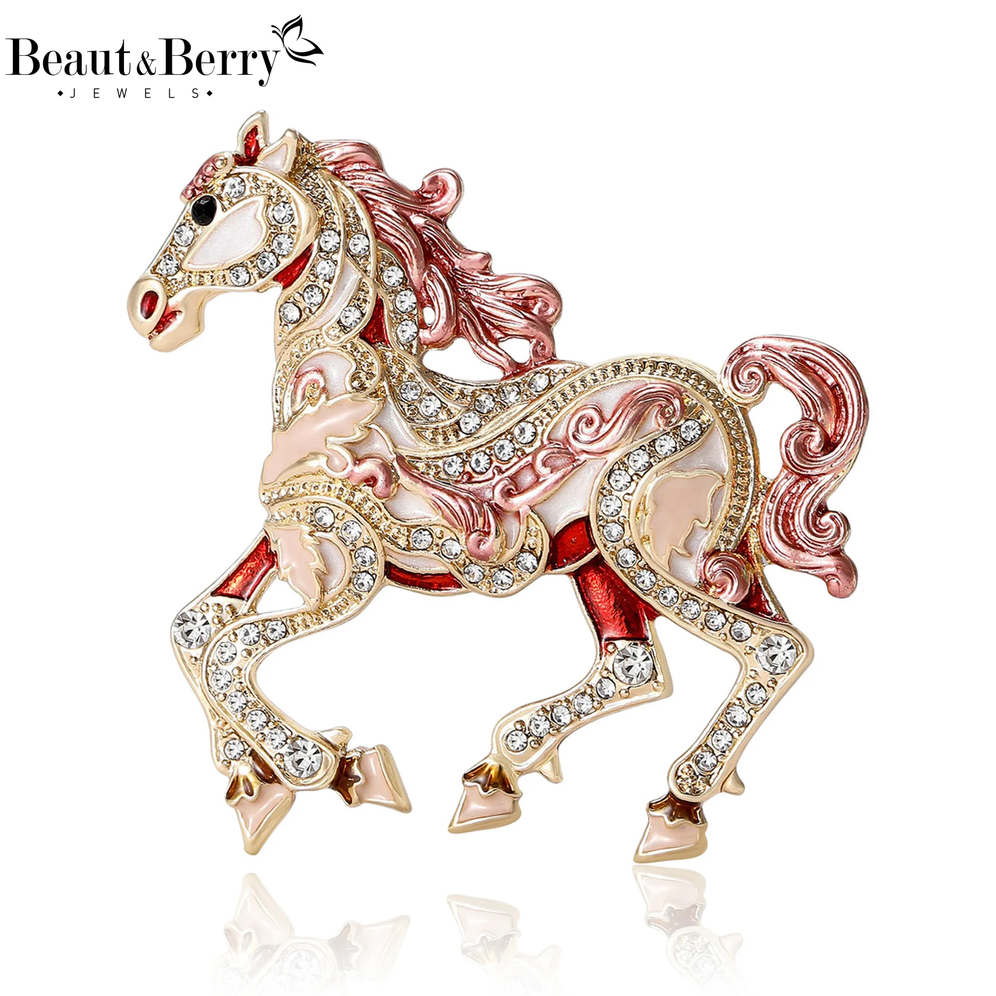 Beaut&Berry Luxury Rhinestone Horse Brooches for Women Zodiac Animal Pins Casual Party Accessories New Year Gifts Friends