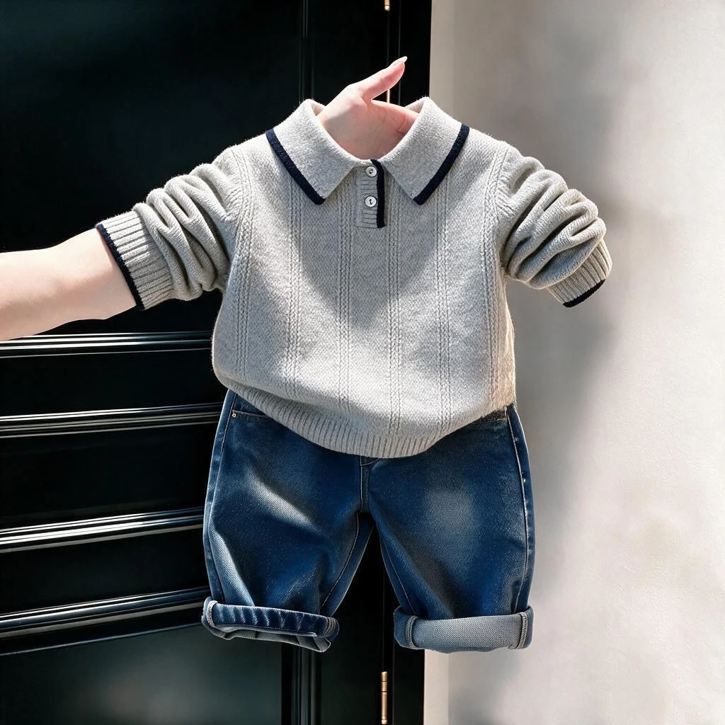 Sweater Children Korean Polo Collar Knitted Sweater with Vertical Stripes Spring and Autumn Soft Glutinous Long Sleeve Sweater