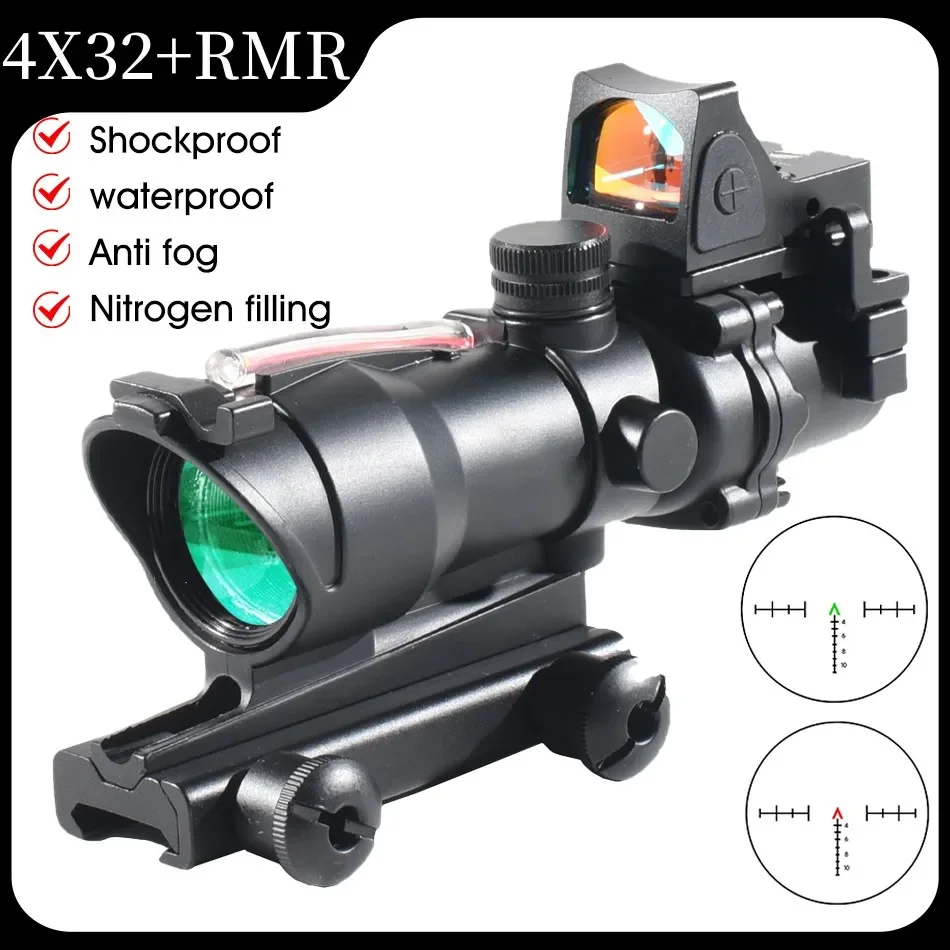 

4X32 ACOG Scope+RMR Red Dot Sight Tactical Combo Fiber Source Fiber Red Green Illumination Scope Black Tactical Rifle Mirror