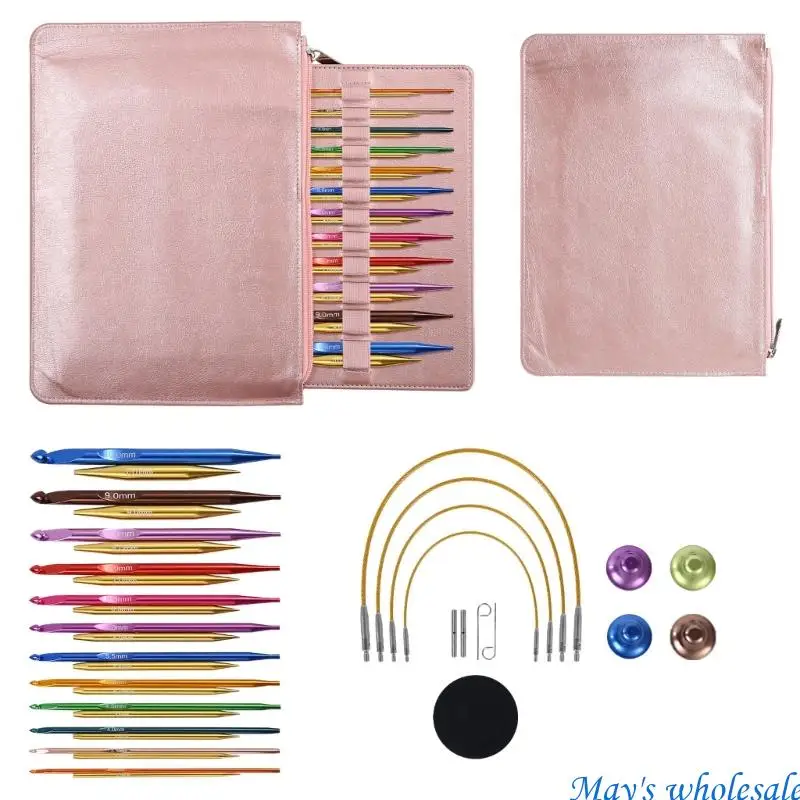 

12Pairs Aluminum Tunisian Crochet Hook Interchangeable Circular Knitting Needle with Storage Bag for for Blanket Sweater 448A