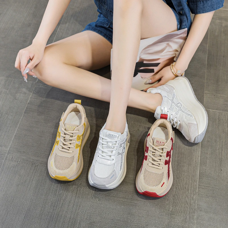

Ladies Simple Mesh Rhinestone Decor Chunky Sole Sneakers Casual Lace Up Sport Shoes Multi Colors Comfortable Platform Footwear