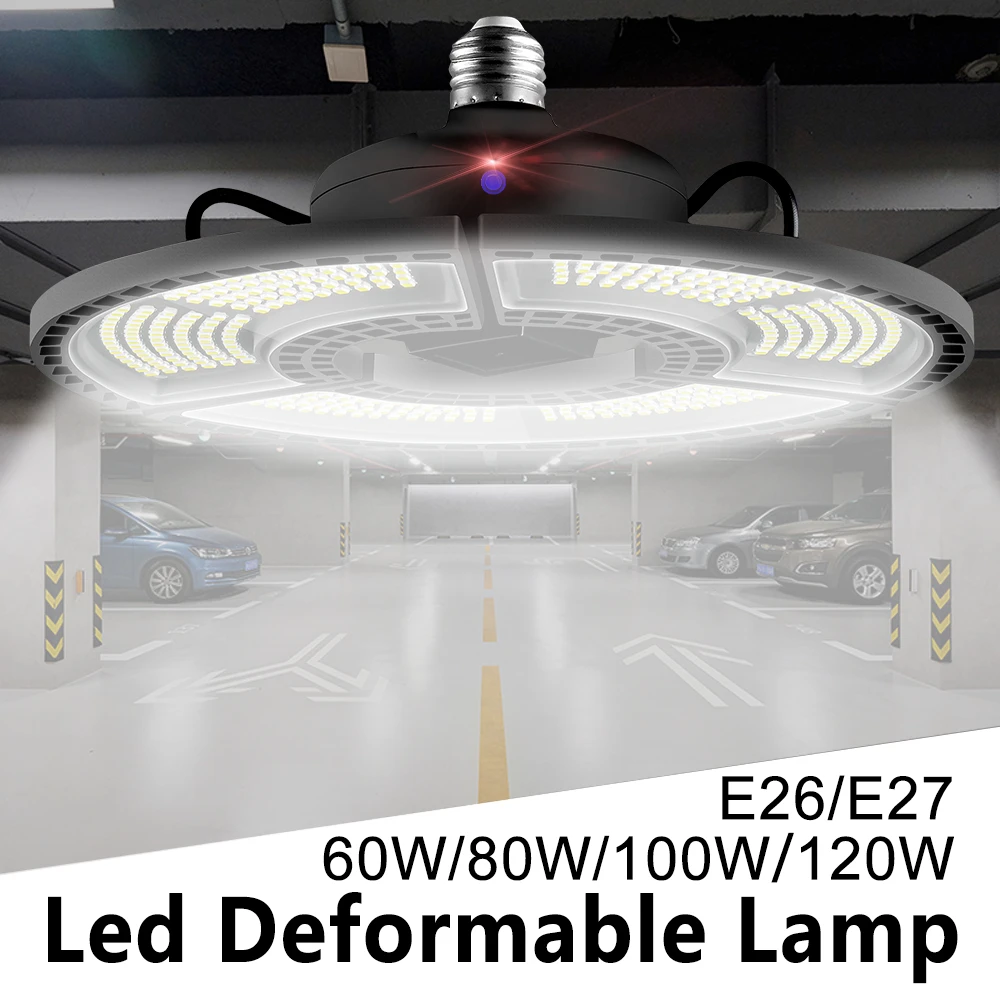 AC 100-277V LED Garage Lamp E27 UFO Bulb LED Deformable Light Sensor Garage Lamp LED Folding Workshop Lights 60W 80W 100W 120W