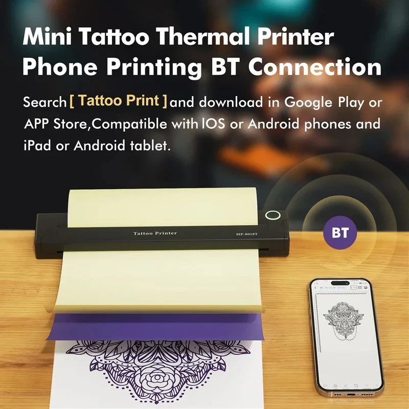 MP-8018T Mini A4 Tattoo Printer Portable Wireless Bluetooth A4 Tattoo Transfer Machine Compatible with iPhone Android Phone