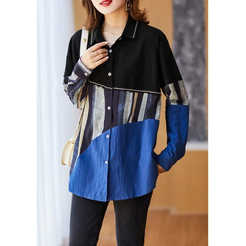 2023 New Spring and Autumn Polo Collar Hot Diamond Contrast Printing Loose Relaxed Oversize Simple Commuter Fashion Shirt