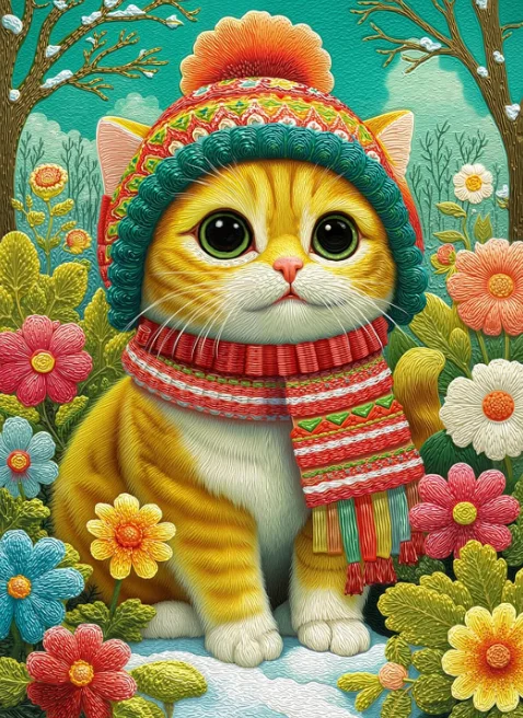 Jigsaw Puzzle 500/1000/1200/2000PCS Cute Orange Cat Knitted Hat Scarf Floral Winter Scene DIY Assembly Home Wall Decor Hobby
