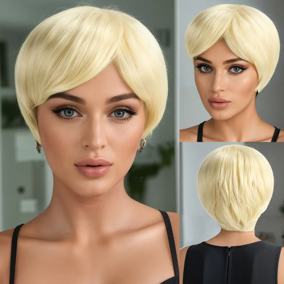 

Wig women's short hair European and American hot-selling light gold slanted bangs short straight hair bobo