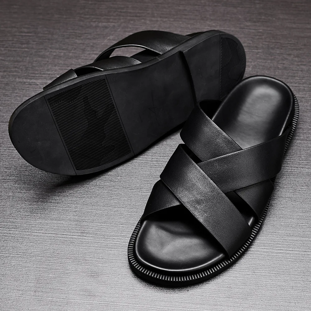 Cowhide Outside Casual Slippers High Quality Genuine Leather Shoes Men Summer Mens Flip Flops - Fashion Leather Slip-On Sandals