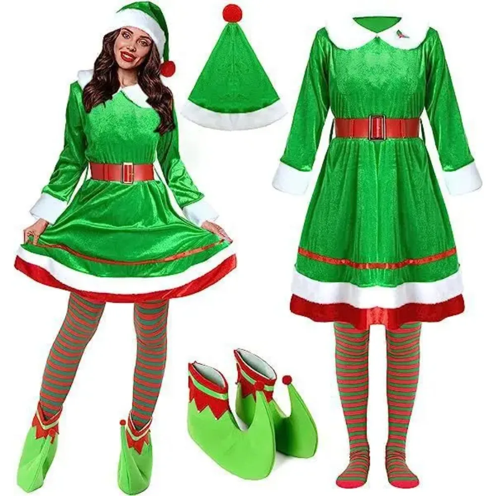 

Girls Boys Christmas Santa Claus Costume Green Elf Cosplay Family Christmas Party New Year Fancy Dress Clothes X-Mas Gift Set
