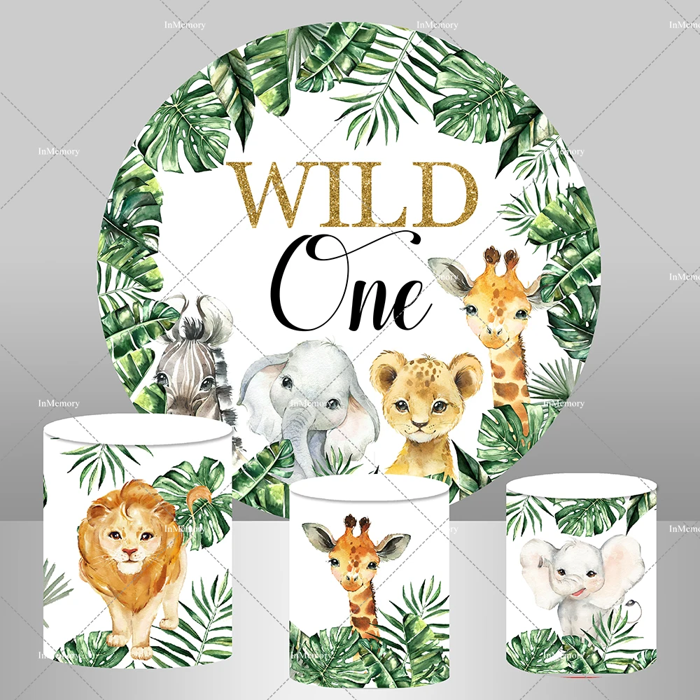 Green Leaves Safari Jungle Wild One Party Round Backdrop Animals Kids 1st Birthday Plinth Covers Customized