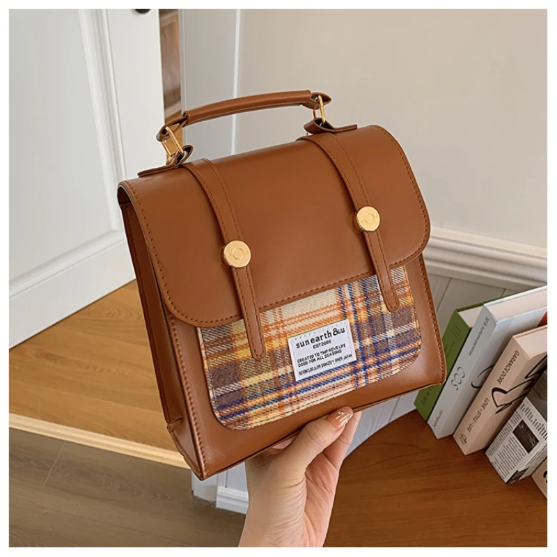 Simple Fashion Tweed Small Square Bag Checkered Magnetic Buckle Versatile Handbag Daily Commuter Shoulder Bag PU Material