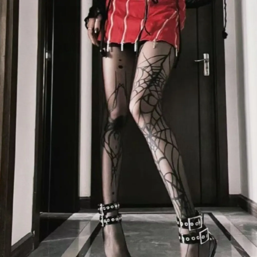 Vintage High Waist Halloween Pantyhose Elasticity Witch Pantyhose Bat Pattern Tights Spider Web Gothic Stockings Cyber Punk