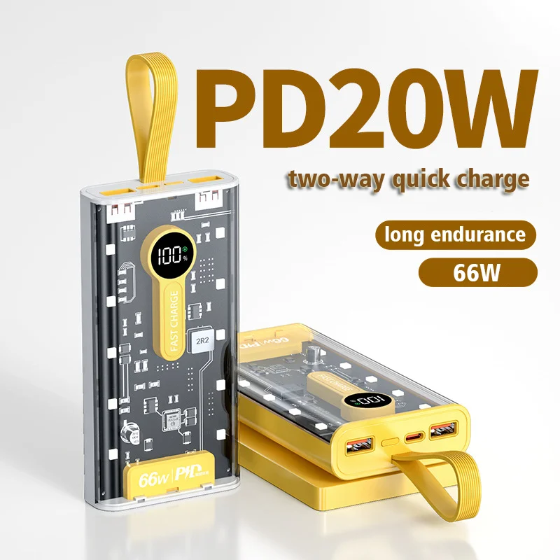 透明なバッテリー充電器20000mAh,ポータブルバッテリー充電器66w,クイックチャージ10000mah,pd 22w,iPhone Xiaomi用パワーバンク