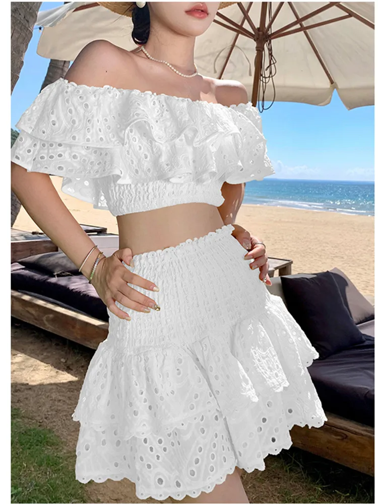 SMTHMA New Fashion Summer Two Piece Sets For Women Sexy Slash Neck Short Sleeve Tops High Waist Skirts Set Female Clothing