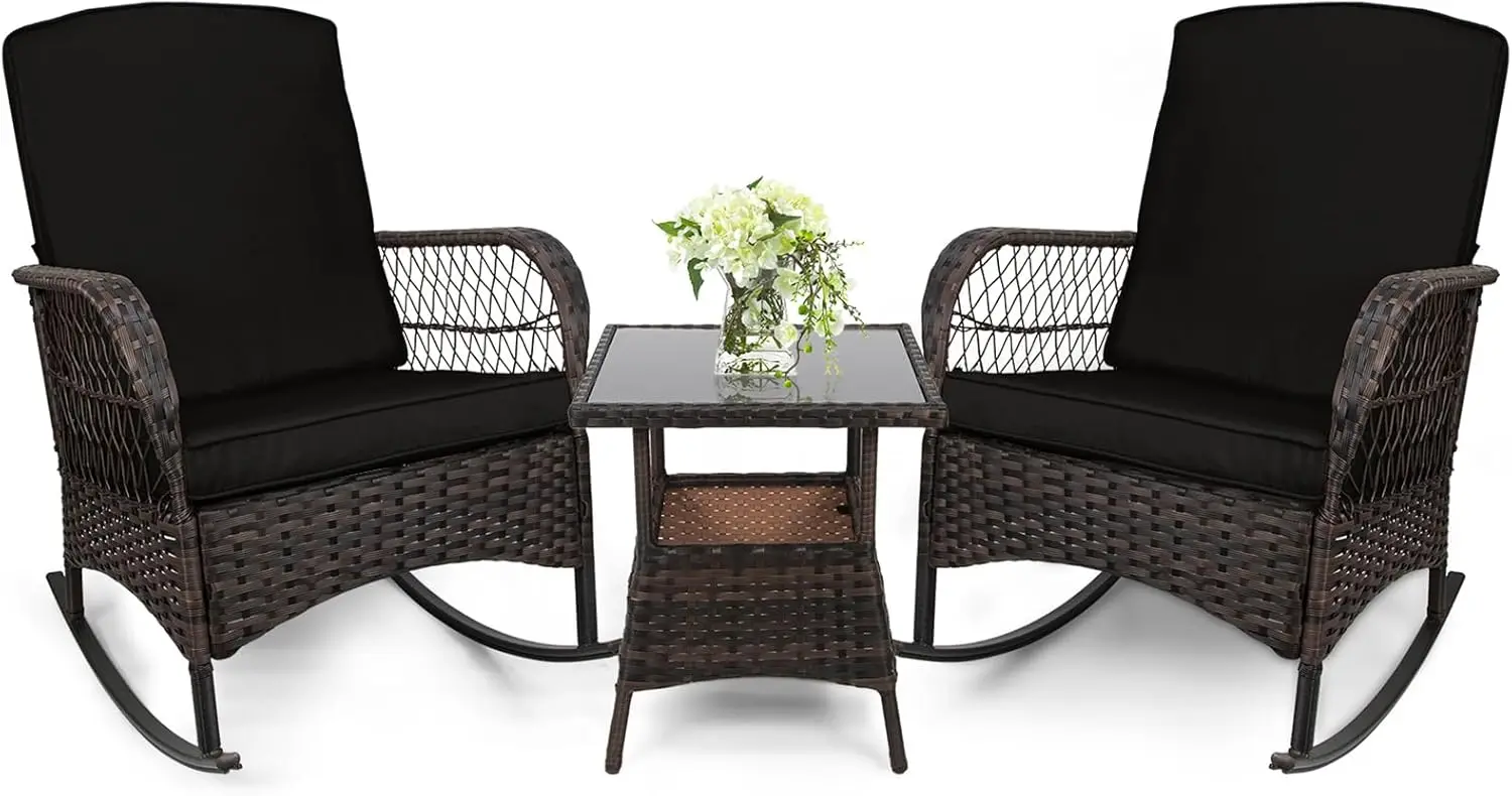 

3 pcs Rocking Bistro Set Conversation Chairs PE Wicker Outdoor Rocking Chairs & Glass Table,for Porch Lawn Garden Backyard Deck(