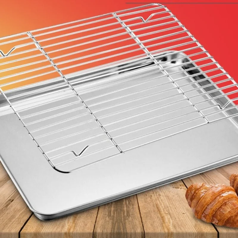 

Stainless Steel Baking Tray Rectangular Grill Cookie Pan Plate with Removable Cooling Rack Mesh Kitchen Tool