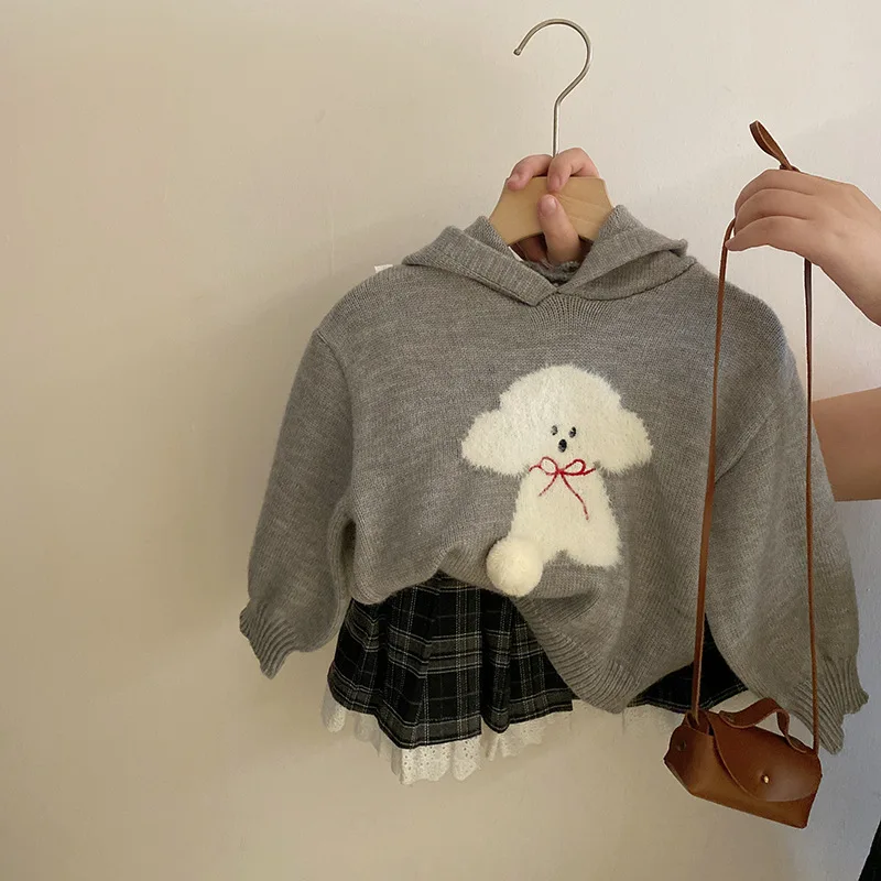 

Милый красивый детский осенний комплект, новинка, Вязаная толстовка с капюшоном в виде собаки, кружевная клетчатая ткань