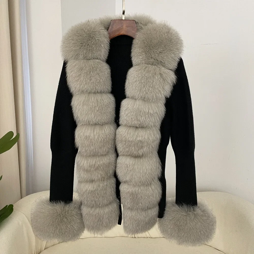 

Reality Fur Jacket Luxury Patchwork Knitted Sweater Bandage Fur Cardigan Detachable Collar New Autumn-winter Women's Fur Coat