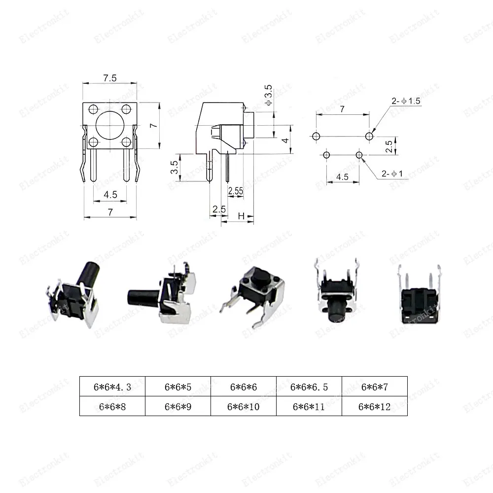 Kit de Interruptor táctil momentáneo, 10 valores, 6x6mm, 6x6x100/5/4,3, 6/6 unidades ángulo recto con stent con caja, 5mm, 7mm, 8mm, 9mm, 10mm,