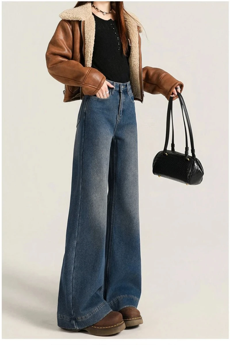 Y2K デニムパンツ 女性用 フレア ルーズ ワイドレッグ ストレッチ フリース裏地 レトロ カジュアル パンツ ファッション フィット感なし 多用途