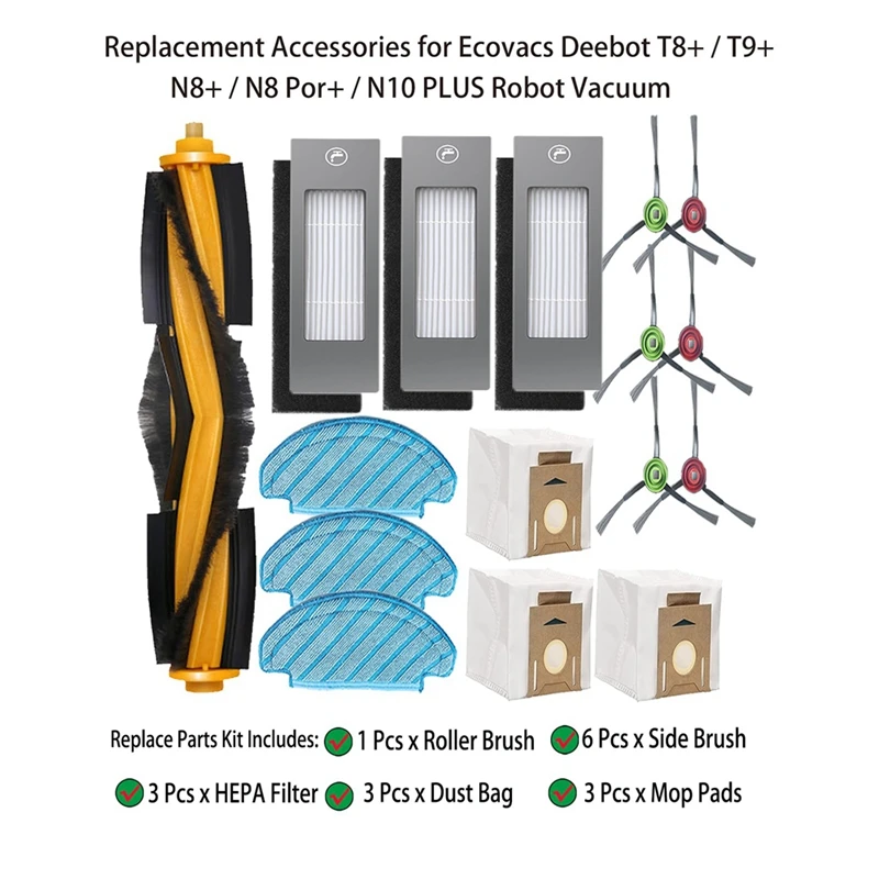 إكسسوارات بديلة لمكنسة كهربائية روبوت ، فلتر فرشاة جانبية رئيسية ، كيس غبار ممسحة ، Ecovacs Deebot T8 Plus ، T9 Plus ، N8 Plus ، N8 Por Plus ، N10 Plus ، 16 48