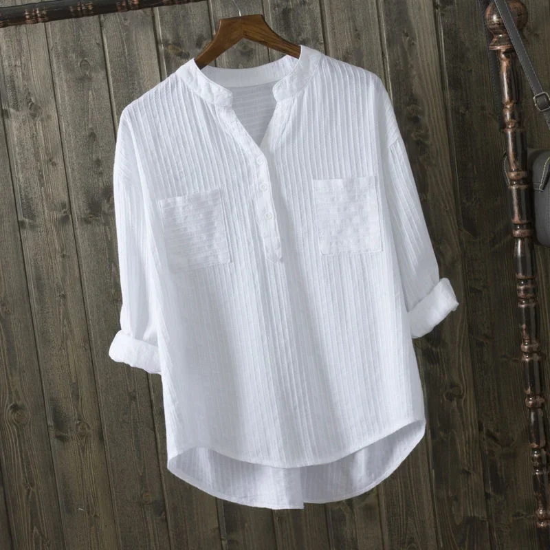 

Cotton White Shirt Women's Tops Mujer Office Long Sleeve New Korean Loose Casual Vertical V-neck Shirts Top Blusas De Mujer