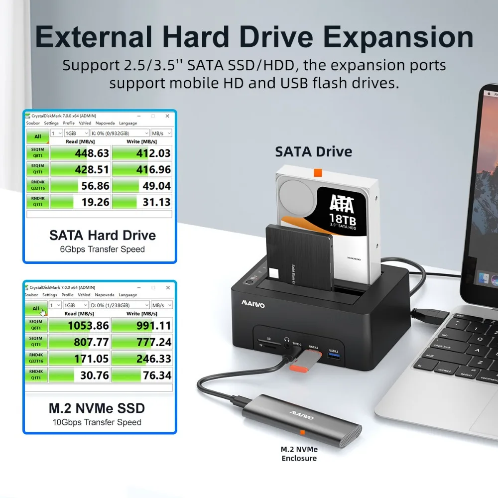 Imagem -02 - Maiwo-hard Drive Docking Station Sata para Usb3.0 Dual Bay Adapter Hub Usb com sd tf para 2.5 3.5 Ssd Hdd Offline Clone Enclosure